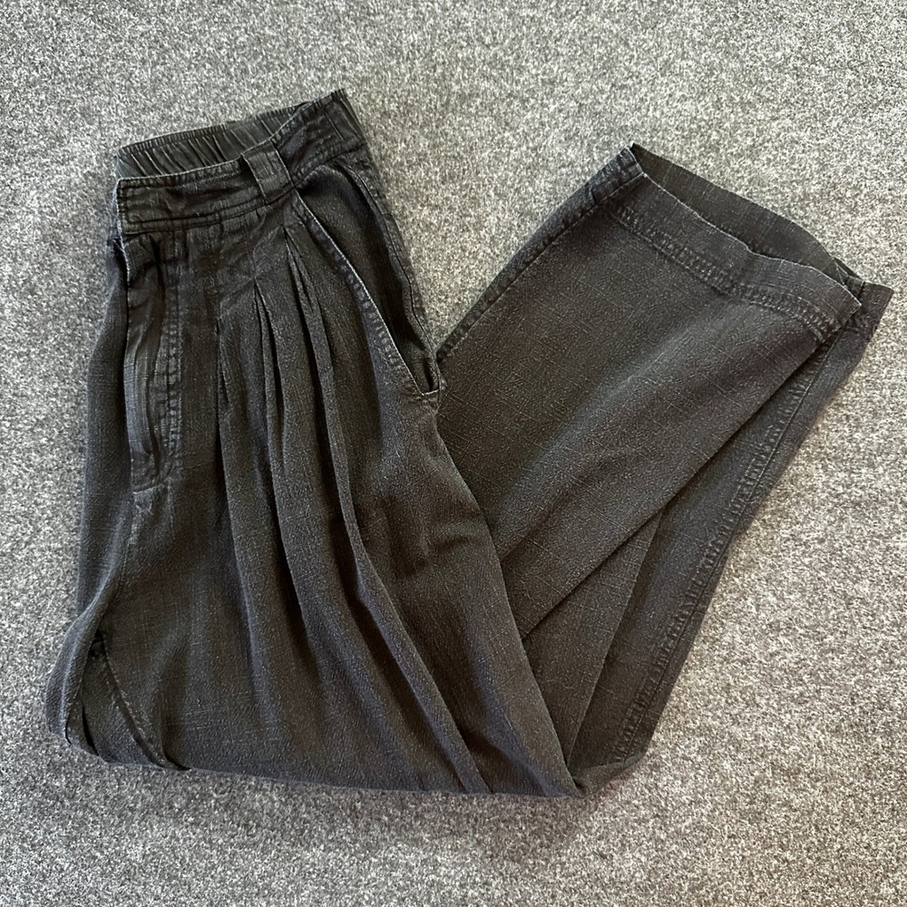 Washed Black Pleated Wide Leg Trousers Elastic Waist Linen Blend Pants